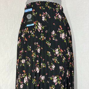Womens Vince Camuto Pleated Black With Floral Pattern Midi Skirt Size Large